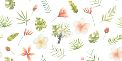 seamless pattern with birds black and tropical leaves with flowers, children's watercolor illustration, design, print png