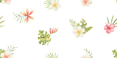 seamless pattern with tropical flowers and palm leaves, cute watercolor illustration on white background png