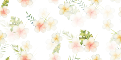 seamless pattern with tropical white flowers and leaves, cute watercolor illustration on white background, design, print png