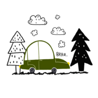 Posters with simple childish, cartoon passenger car and lettering Brrr. Hand drawn flat green car and nature landscape with forest trees, clouds. For nursery posters, cards, boys bedroom decor. png