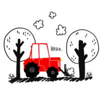 A simple children's illustration with a car. Poster with a red tractor with a bucket driving among doodle trees. Construction equipment. Drawing composition. Cute kids illustration on isolated png