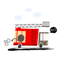 A simple children's illustration with a car. Poster with a fire truck rushing through the city to an emergency call. City illustration. Cute illustration on isolated background. png