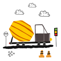 A simple children's illustration with a concrete mixer on a construction site. Construction equipment in the city. Cute illustration on isolated background. png