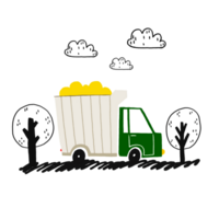 en enkel barns illustration med en bil. affisch med en låda lastbil körning mellan träd. klotter stadsbild. söt illustration på isolerat bakgrund. png