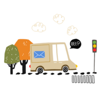 A simple children's illustration with a delivery car in the city. Children's card with trees, road and traffic lights. Cute illustration on isolated background. png