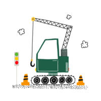 Poster with a green under dark crane with a hook working on a construction site. Orange construction cones and traffic lights png