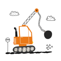 Posters with simple childish, cartoon heavy construction equipment. Ball crane. Doodle illustration on isolated background. For nursery posters, cards, boys bedroom decor. png