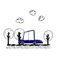 A simple children's illustration with a car. A poster with a blue passenger car driving among doodle trees. Drawing composition. Cute kids illustration on isolated background. png