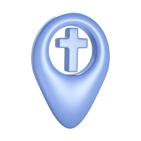 Christian 3d blue cross geotag gps icon. Element for church place, religious building address. Object transparent png