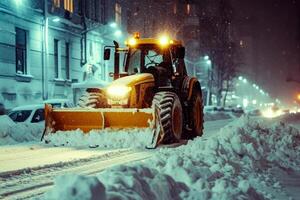 AI generated Tractor with Snow Plow Attachment Clearing Snow on Winter . Generative AI photo