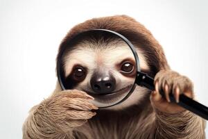 AI generated A sloth hold with a magnifying glass on white background . AI generated photo