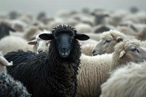 AI generated A flock of white sheep with black in the middle. generative ai photo