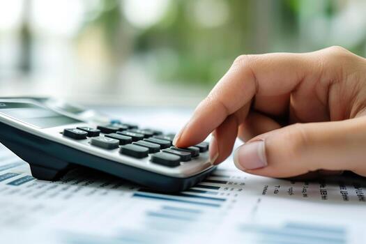 AI generated Financial data analyzing counting concept for Businessman's hands with calculator and laptop on desk in modern office. Generative AI photo