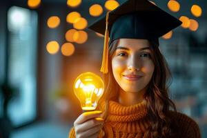 ai generado un mujer con graduación, ligero bulbo símbolo de inteligencia, generativo ai foto