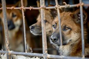 AI generated close up Sad large dogs caught in cage. Generative AI photo