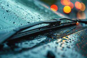 AI generated Car windshield with rain drops and frameless wiper blade closeup. ai generative photo