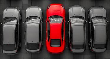 AI generated a red car among grey cars .marketing concept. AI generative photo