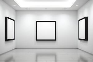 ai generado moderno Arte galería interior, limpiar blanco espacio con vacío imagen marcos, ai generativo foto