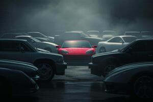 AI generated a red car among grey cars .marketing concept. AI generative photo