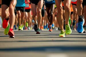 AI generated Close up of a Group of Men Runners Legs in a Road Race. Generative Ai photo