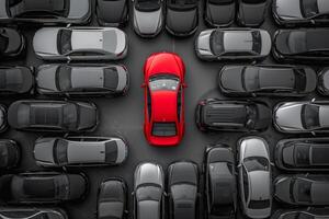 ai generado un rojo coche entre gris carros .marketing concepto. ai generativo foto