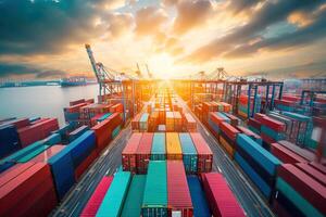 AI generated Rows of shipping containers in different colors. Transport business. Logistics import and export of goods - Generative AI photo