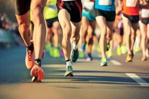 AI generated Close up of a Group of Men Runners Legs in a Road Race. Generative Ai photo