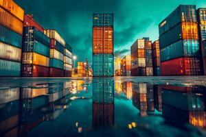 AI generated Rows of shipping containers in different colors. Transport business. Logistics import and export of goods - Generative AI photo