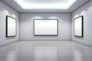 ai generado moderno Arte galería interior, limpiar blanco espacio con vacío imagen marcos, ai generativo foto