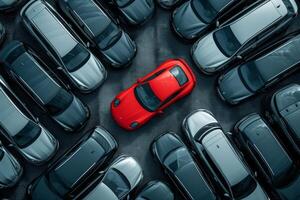 AI generated a red car among grey cars .marketing concept. AI generative photo