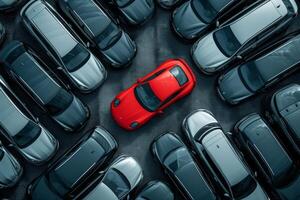 AI generated a red car among grey cars .marketing concept. AI generative photo