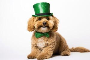 AI generated a dog portrait with a hat for St. Patrick's Day, in the style of fantasy illustration. Generative AI photo