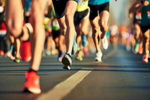 AI generated Close up of a Group of Men Runners Legs in a Road Race. Generative Ai photo