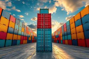 AI generated Rows of shipping containers in different colors. Transport business. Logistics import and export of goods - Generative AI photo