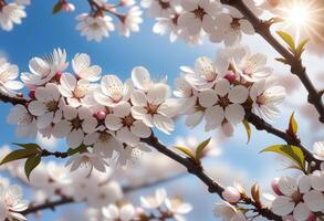 AI generated Close-up shot of cherry blossoms with Mount Fuji in the background. photo