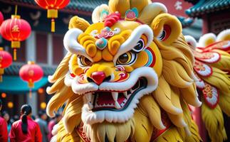ai generado león danza en chino nuevo año festival foto