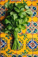 AI generated Vibrant Essence Fresh Mexican Ingredients with Folk Pattern Background photo