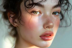 AI generated Soft and Serene Natural Woman's Spring Beauty in Subtle Makeup photo