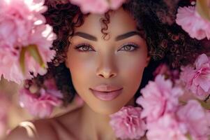 AI generated Spring Bloom Beauty Woman in Pastel Pink Floral Banner photo