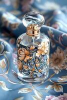 ai generado elegante patrimonio ruso motivo perfume botella con gente patrones foto