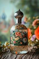 ai generado elegante patrimonio ruso motivo perfume botella con gente patrones foto