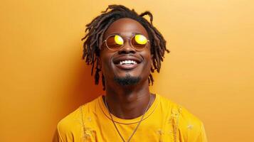 ai generado retrato de joven africano americano hombre con rastas vistiendo amarillo camiseta y Gafas de sol en amarillo antecedentes foto