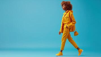 AI generated Full length portrait of stylish african american woman in yellow jacket walking and looking away on blue background photo