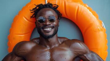 AI generated Portrait of handsome sexy african american man in sunglasses and swim ring photo