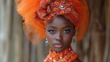 ai generado hermosa africano americano mujer en naranja turbante y Pañuelo foto