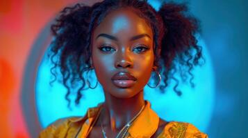 ai generado de cerca de un atractivo negro hembra modelo con artístico maquillaje miedoso. atractivo africano mujer. foto