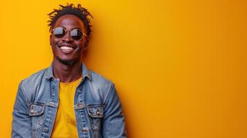 AI generated Studio portrait of happy African American man. Cheerful joyful handsome young guy standing on yellow background, looking at camera and smiling photo