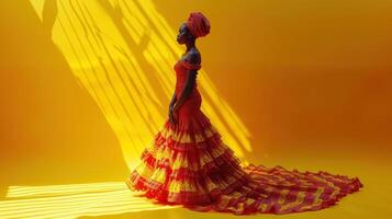 AI generated African woman in a red dress on a yellow background with shadows. photo