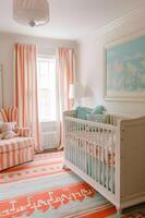 ai generado caprichoso circo encanto del bebe linda habitación decoración en suave matices foto