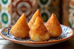 AI generated Authentic Brazilian Coxinha Beauty on Folk-Patterned Plate photo